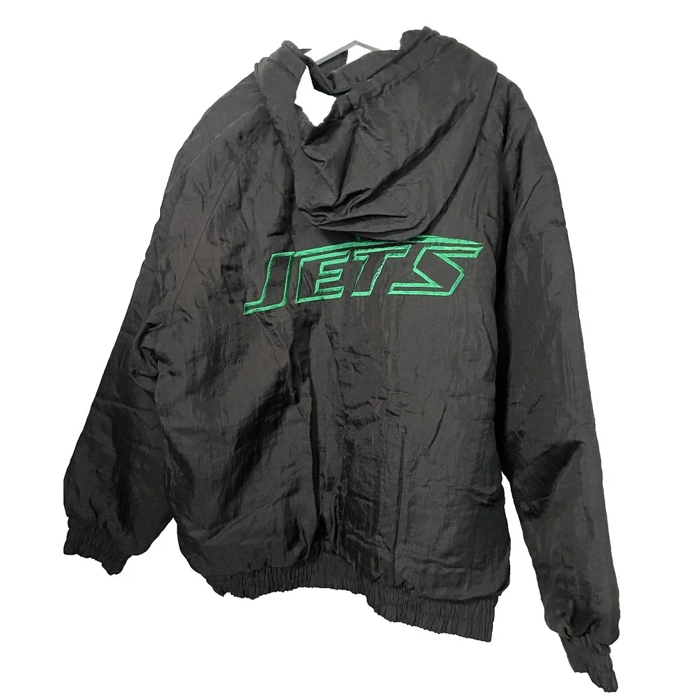Vintage 90s New York Jets NFL Game Day Puffer Jacket XL Black Green Hooded Coat